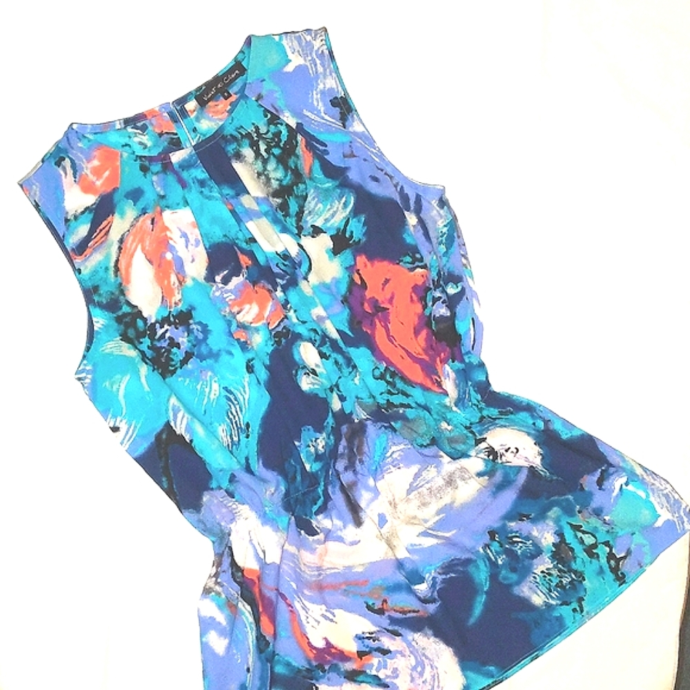 Violet & Claire Multi Colored Sleeveless Blouse Tunic Teal Salmon Blues Sm